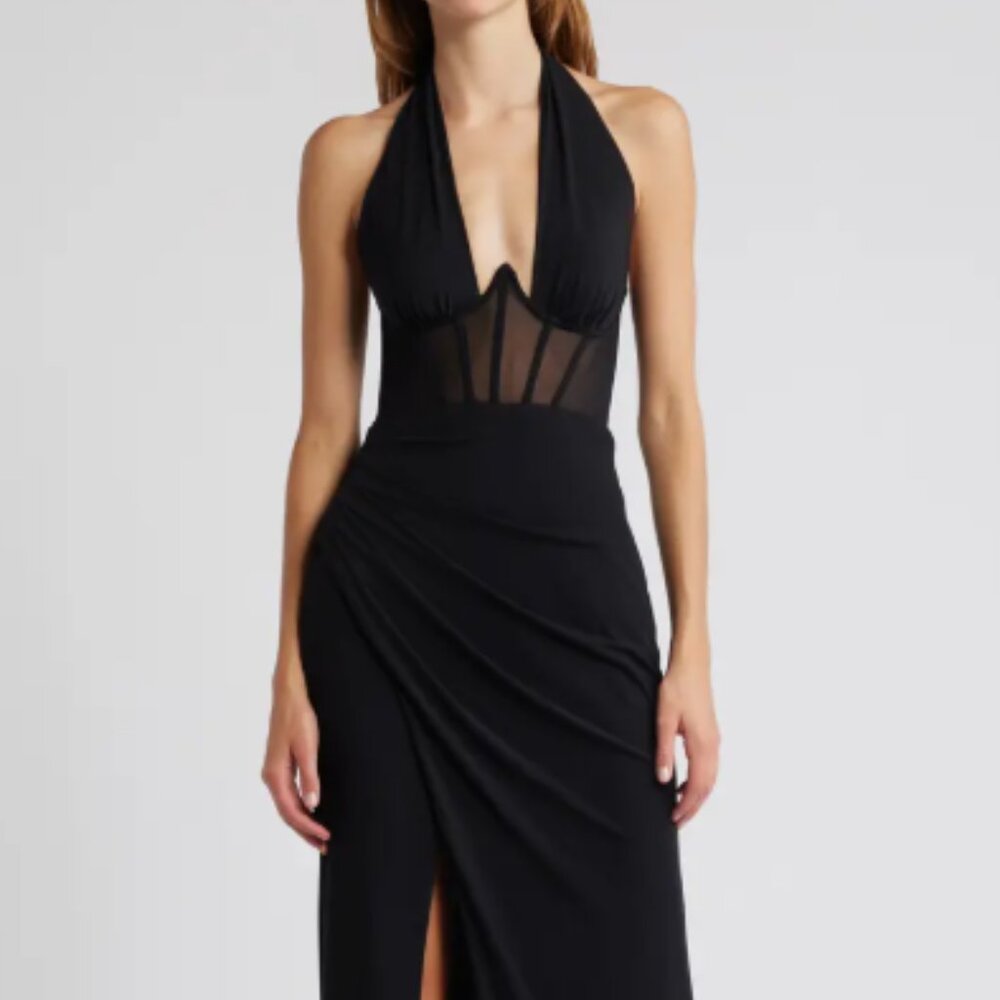 Lulus Never Ending Glamour Black Halter Gown | NWOT | M